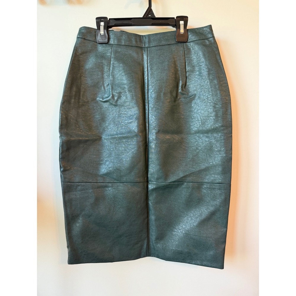 Flawless Dark Green Faux Leather Pencil Skirt Asymmetric Zip Front Midi Medium